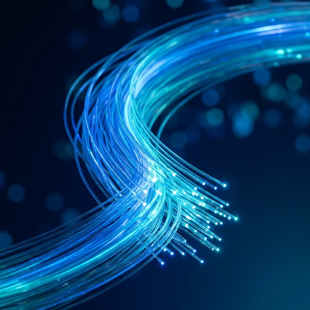 Cables de fibra óptica transmitiendo datos a alta velocidad
